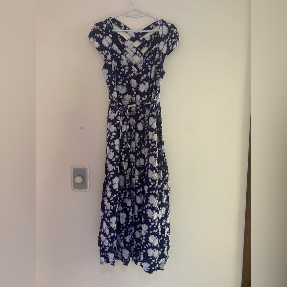 Maeve Anthropologie Navy and White Floral Dress with Criss Cross Back